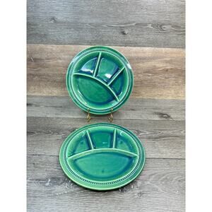 Luneville France Keller & Guerin K&G Green Fondue Divided 9.5" Plates~Set Of 2